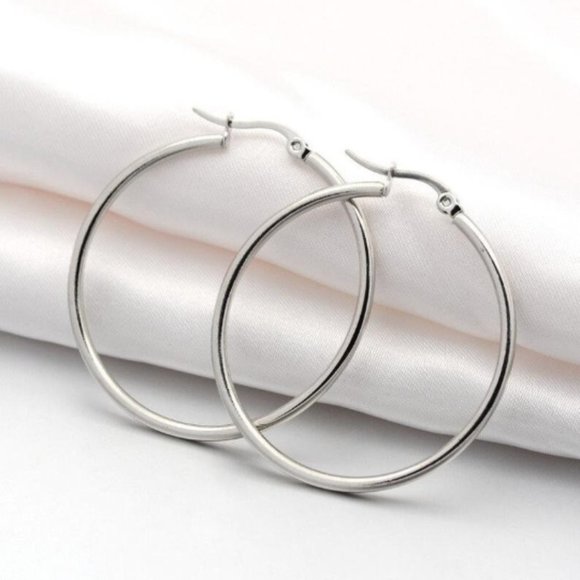 Polished Tube Hoop 2mm Thin Pierced Post Stud Earrings Silver Tone 1 1/2" 41mm - Picture 2 of 3
